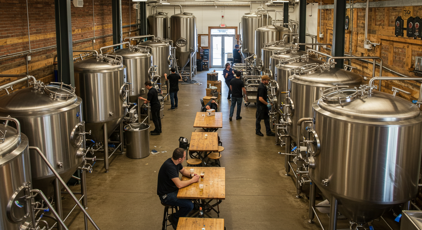 Modern craft brewery interior with wooden tables and brewing equipment visible